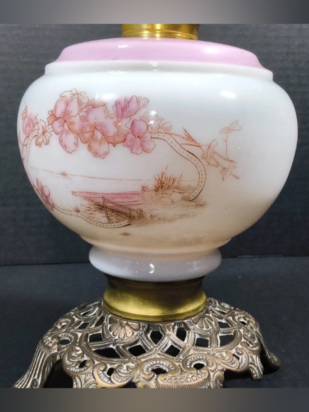 Vintage Milk Glass Kerosene Oil Lamp Floral Pink Cast Iron Base Home Sweet Home - Picture 10 of 15